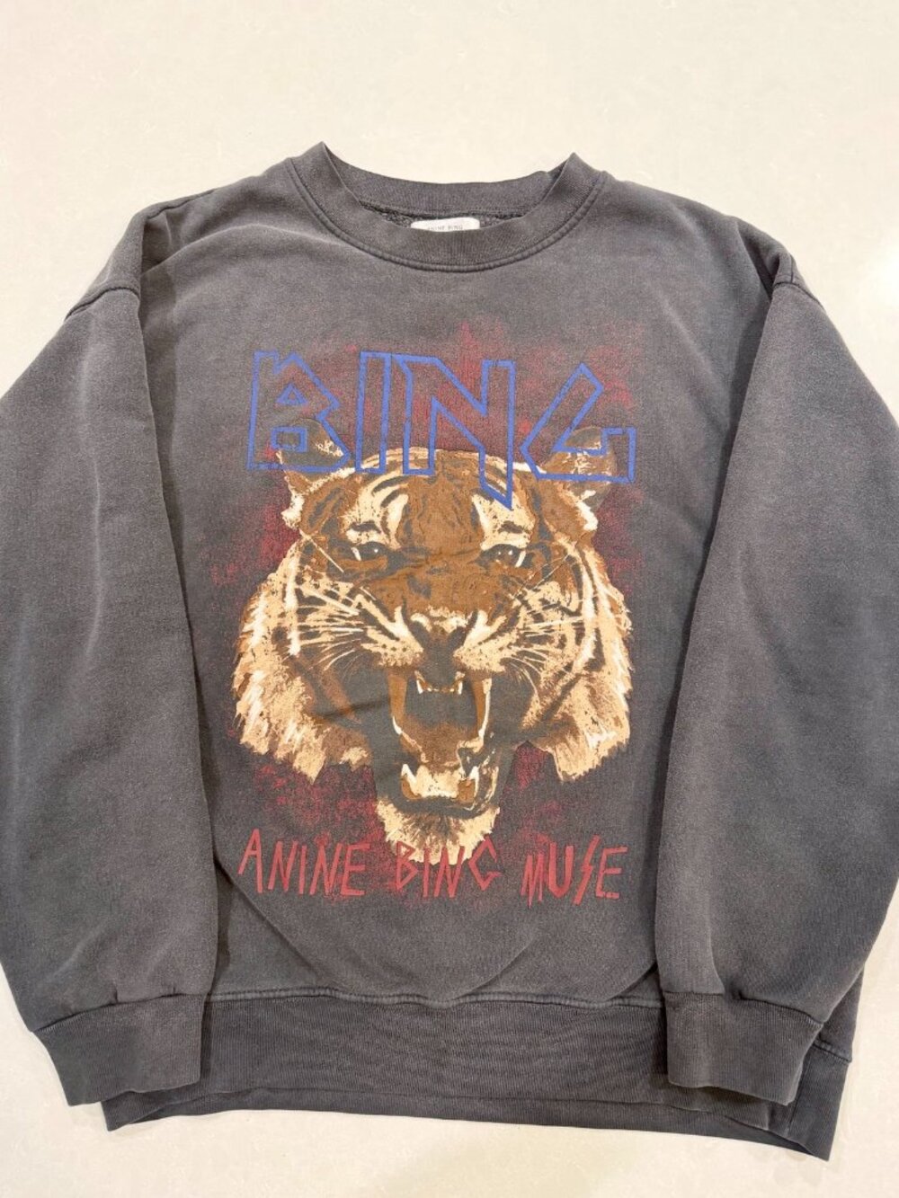 ANINE BING “Muse” Tiger Graphic Sweatshirt – Washed Charcoal – Size M